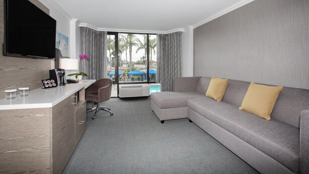 A hotel room with a grey sofa, a flat-screen TV, a desk with a lamp, and a view of palm trees through the window. - Crowne Plaza Costa Mesa Orange County by IHG (Costa Mesa)