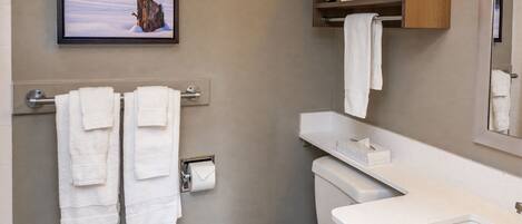 A bathroom with a toilet, sink, and a framed picture on the wall.