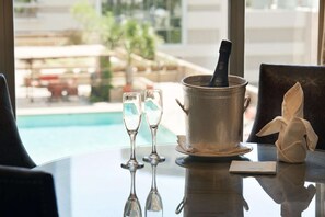 Outdoor pool, pool umbrellas