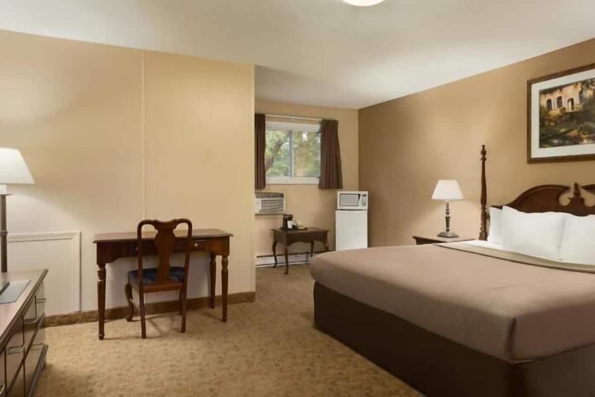 A hotel room with a bed, a desk, a chair, a television, a window with curtains, a painting on the wall, and a microwave.