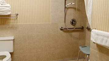 A bathroom with a shower, toilet, and grab bar.