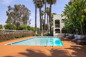 Piscine extérieure, parasols, chaises longues