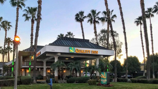 A hotel named Quality Inn with a modern design, surrounded by tall palm trees. - Quality Inn Riverside near UCR and Downtown (Riverside)