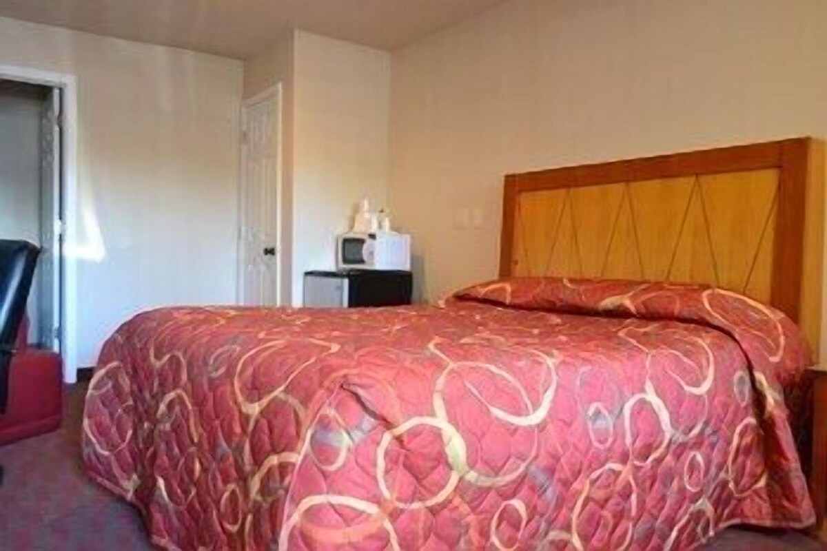 Una habitación de hotel con una cama, un escritorio con lámpara y una puerta.