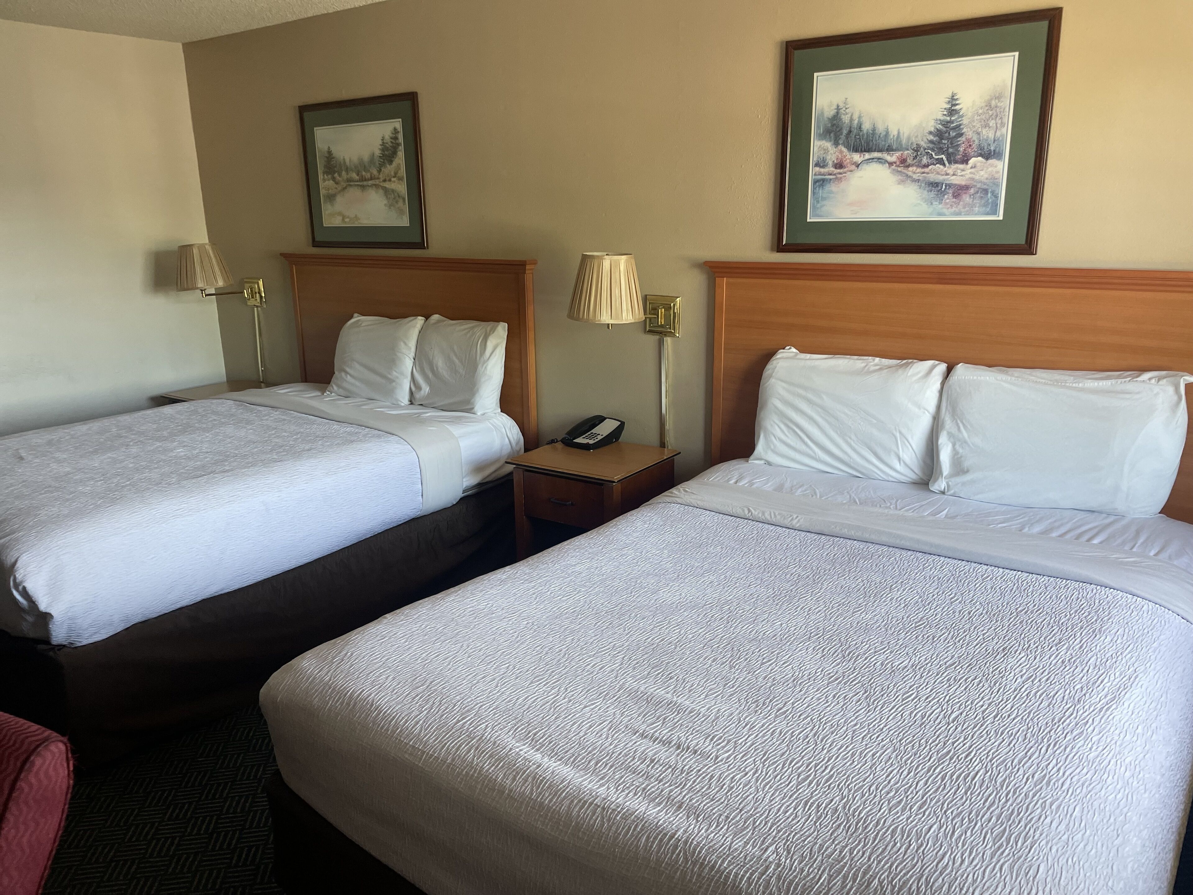 Una habitación de hotel con dos camas, cada una con ropa blanca y cabeceros. Hay dos mesitas de noche con lámparas y un teléfono. Las paredes están decoradas con cuadros de paisajes.