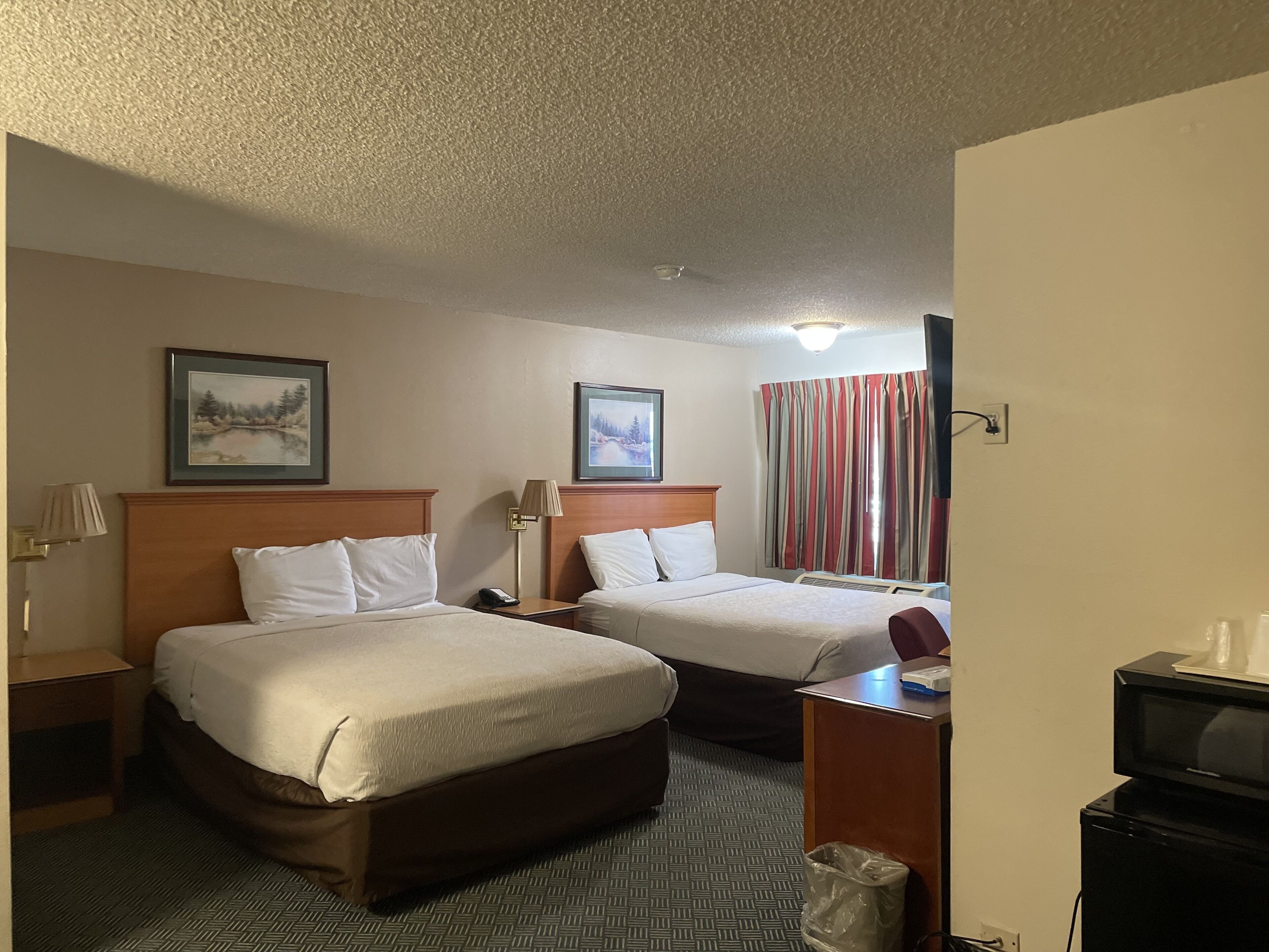 Een hotelkamer met twee bedden, een televisie, een lamp en een ingelijst schilderij aan de muur.