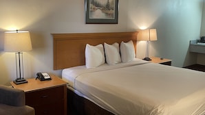 A hotel room with a large bed, two bedside tables with lamps, a telephone, and a framed picture on the wall.