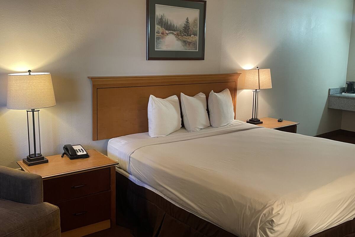 A hotel room with a large bed, two bedside tables with lamps, a telephone, and a framed picture on the wall.