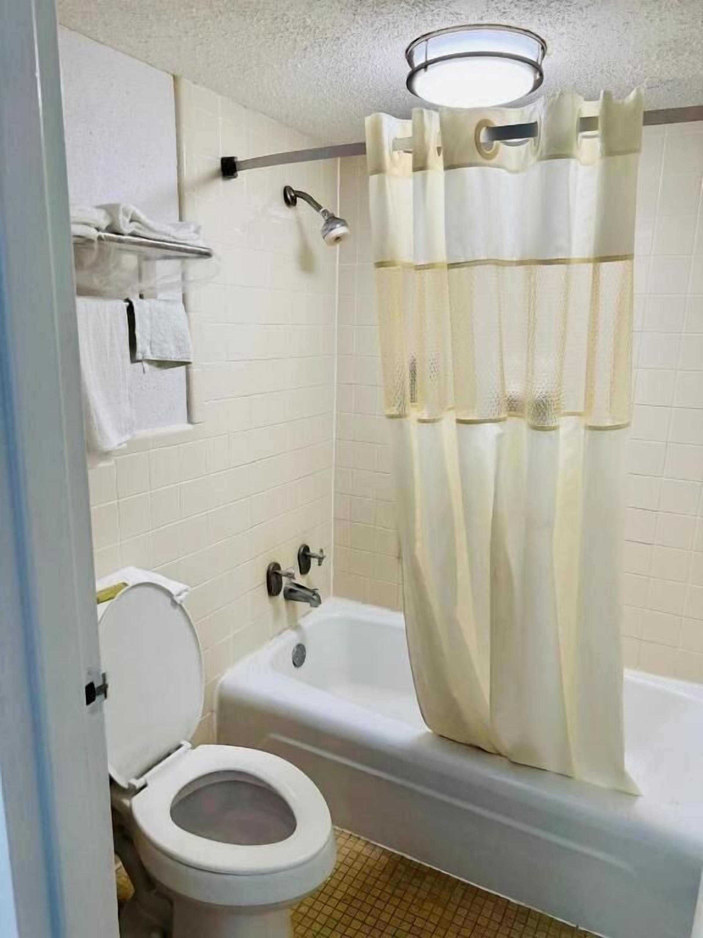 A bathroom with a toilet, bathtub, shower curtain, and a towel rack.
