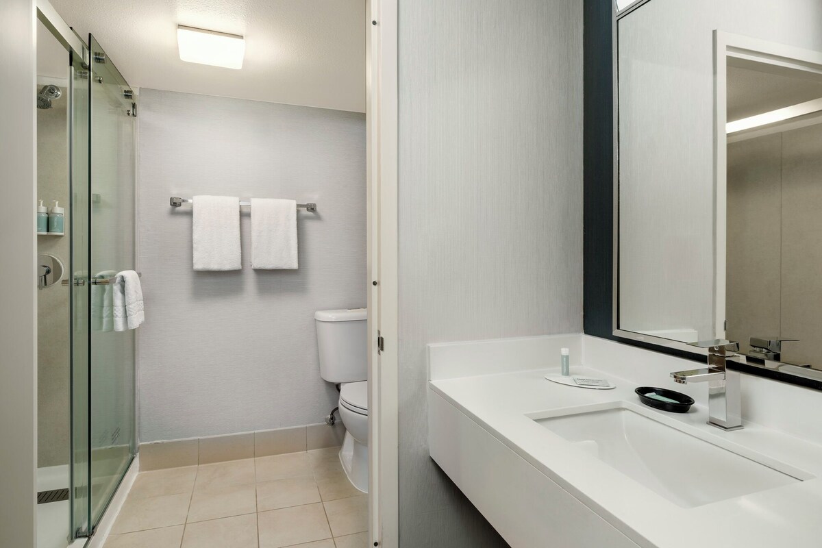 Une salle de bain moderne avec une douche à parois de verre, des toilettes blanches et un grand miroir au-dessus d’un lavabo blanc, agrémenté d’un porte-savon noir.