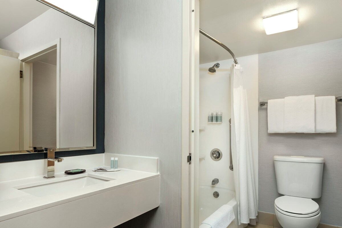Une salle de bain moderne avec un lavabo blanc, un grand miroir, une douche et des toilettes.