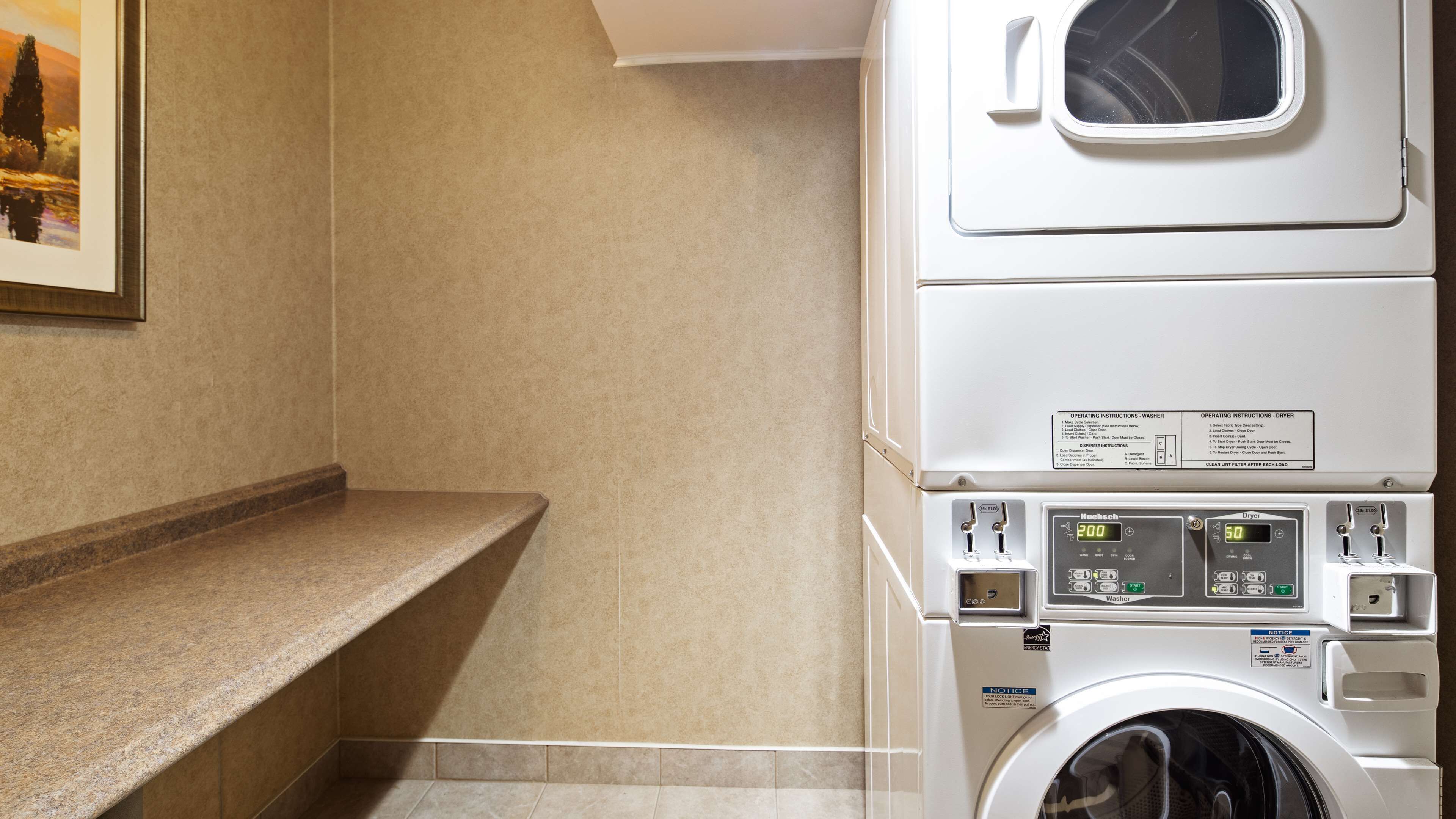A laundry room with a stacked washer and dryer, a countertop, and a framed picture on the wall.
