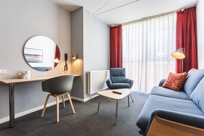 In-room safe, desk, laptop workspace, blackout curtains