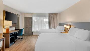 Desk, laptop workspace, blackout curtains, iron/ironing board