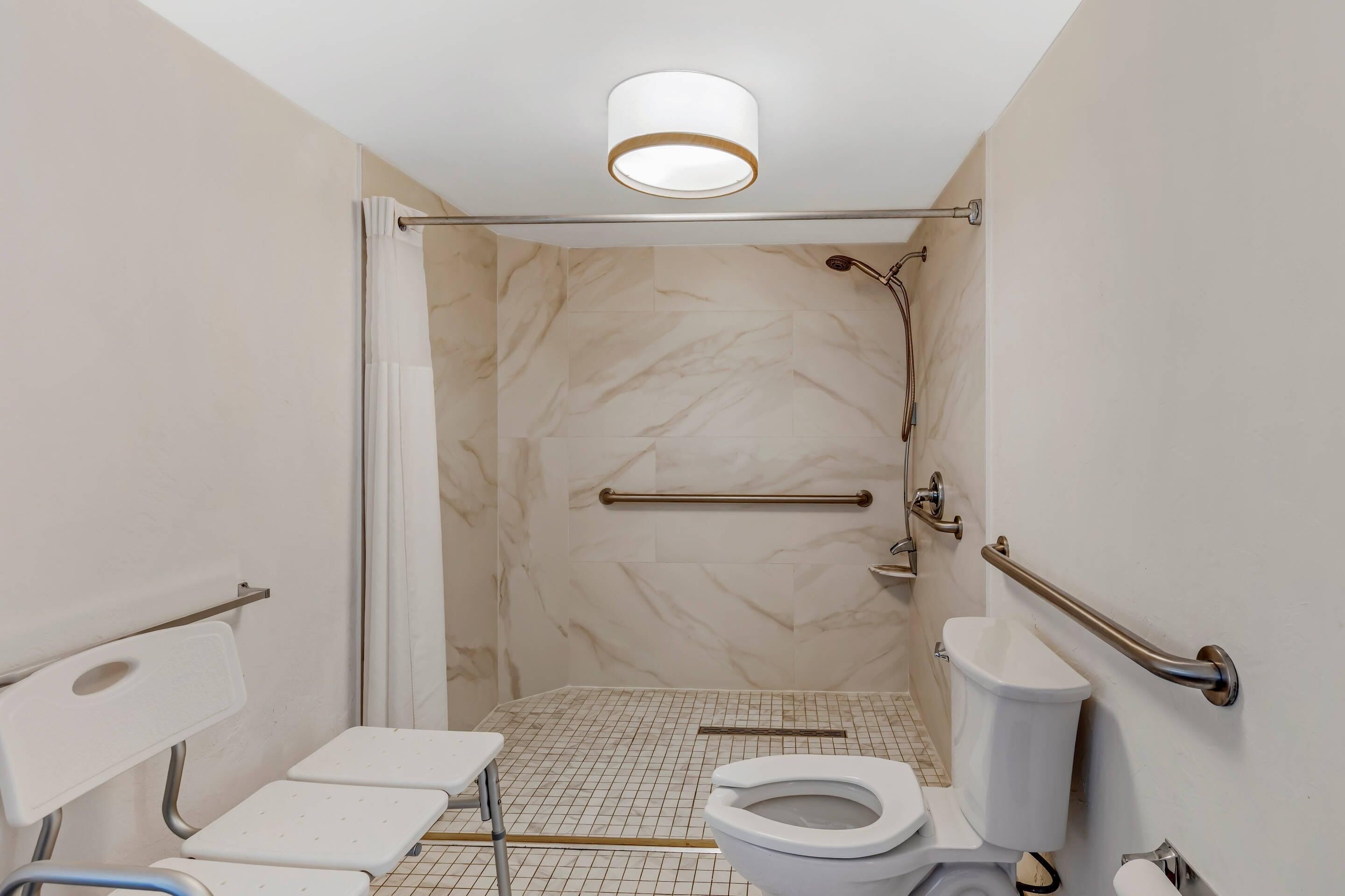 A modern bathroom with a shower, toilet, and grab bars.