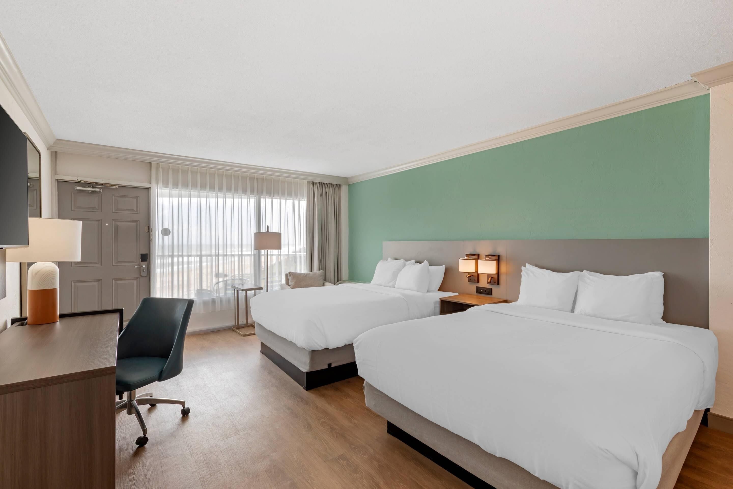 Room, 2 Queen Beds, Non Smoking, Oceanfront | Desk, laptop workspace, blackout drapes, iron/ironing board