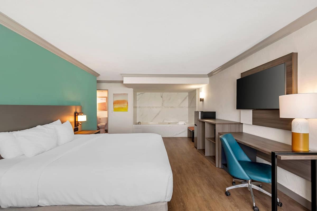 Room, 1 King Bed, Non Smoking | Desk, laptop workspace, blackout drapes, iron/ironing board