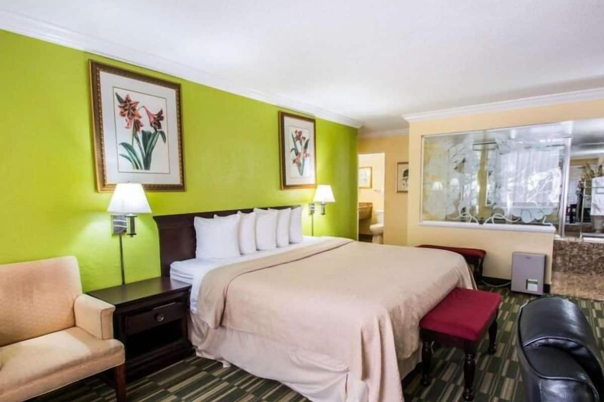 A hotel room with a bed, a sofa, a chair, a desk, and a window.