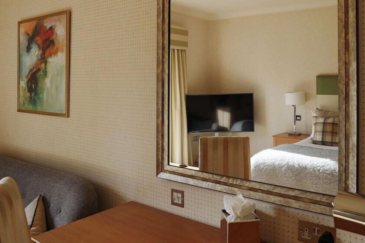 Habitación de hotel con cama, televisor, escritorio, silla, un cuadro y un espejo.