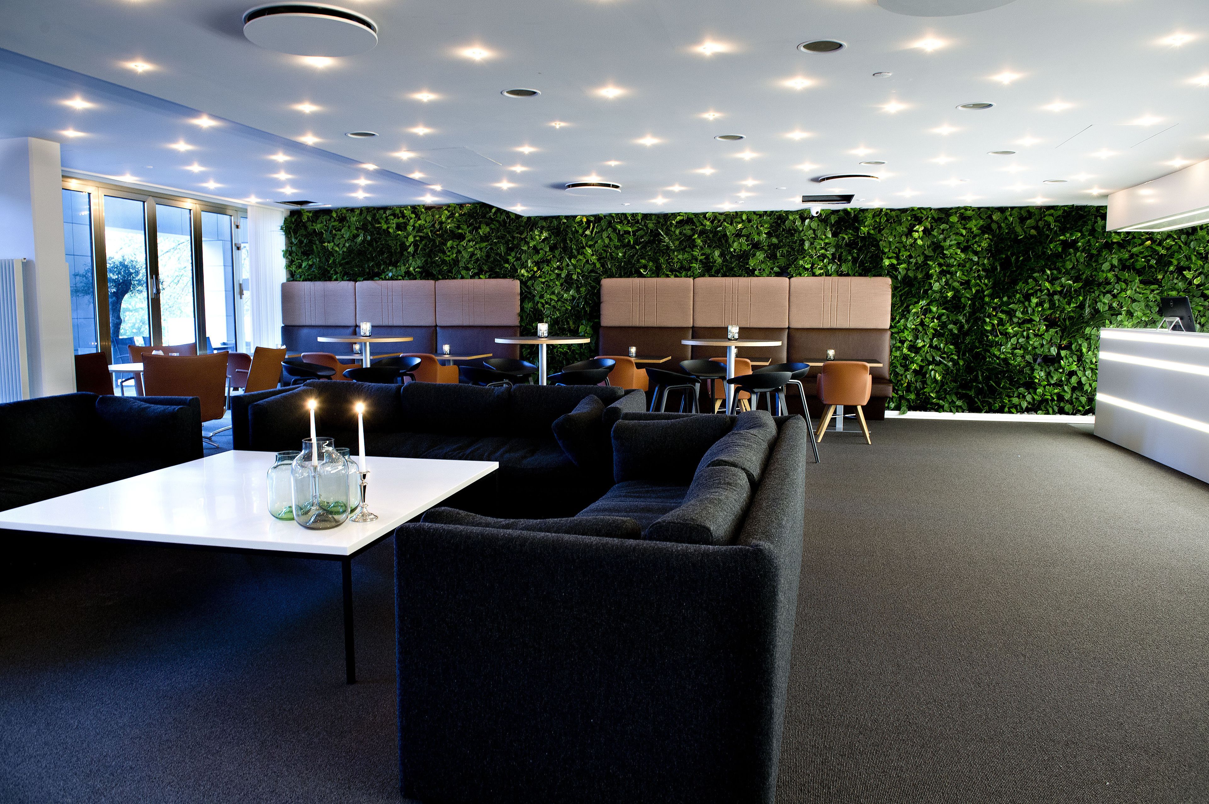 A modern lounge area with sofas, tables, and a green wall.