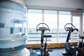 Work out with a view from our gym, featuring stationary bikes and a water dispenser.