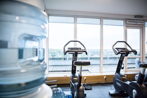 Work out with a view from our gym, featuring stationary bikes and a water dispenser.