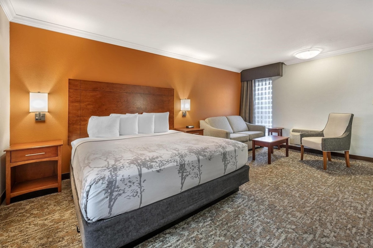 A hotel room with a large bed, two armchairs, a small table, and a nightstand.