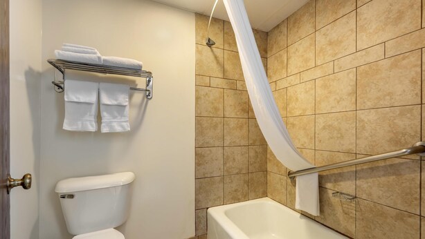 A bathroom with a toilet, a bathtub, and a shower curtain. - Best Western Angus Inn (Great Bend)