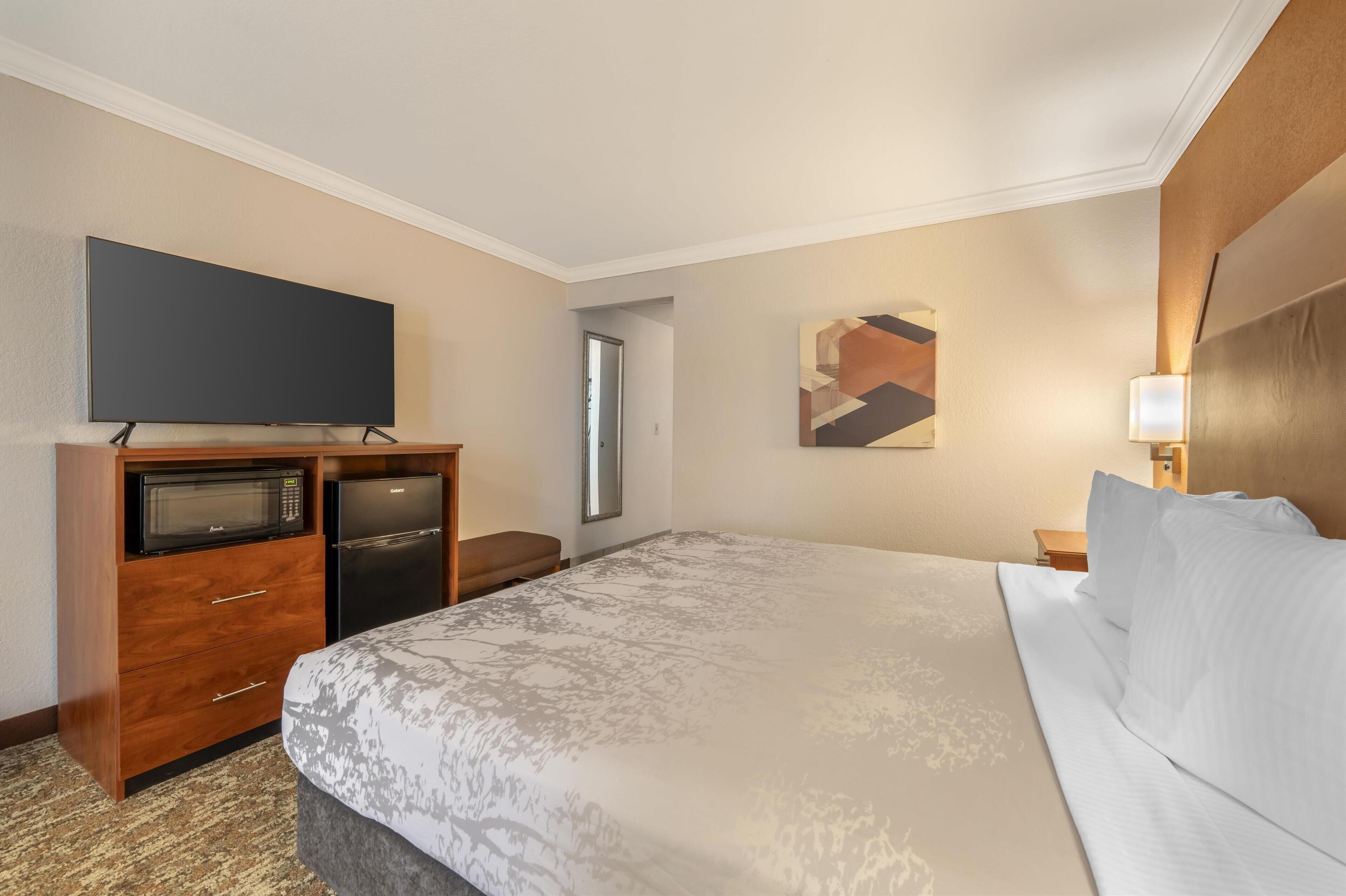 A hotel room with a large bed, a flat-screen TV, a microwave, and a refrigerator.