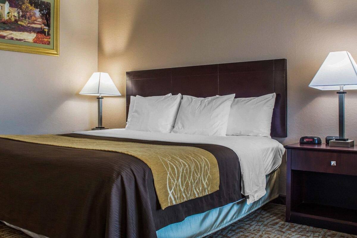 A hotel room with a large bed, two bedside lamps, a nightstand with a clock, and a framed painting on the wall.