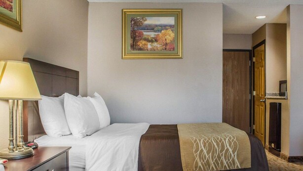 Une chambre d’hôtel avec deux lits, une table de chevet avec une lampe, un tableau au mur et une porte en bois.