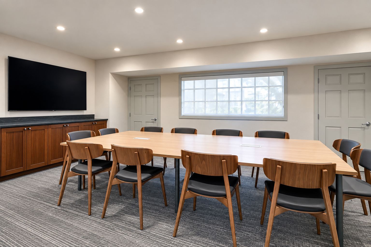 Un salón de conferencias con una mesa grande, sillas, un televisor de pantalla plana y un ventanal.