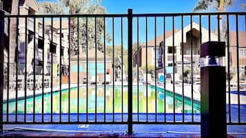 Alberca al aire libre y camastros