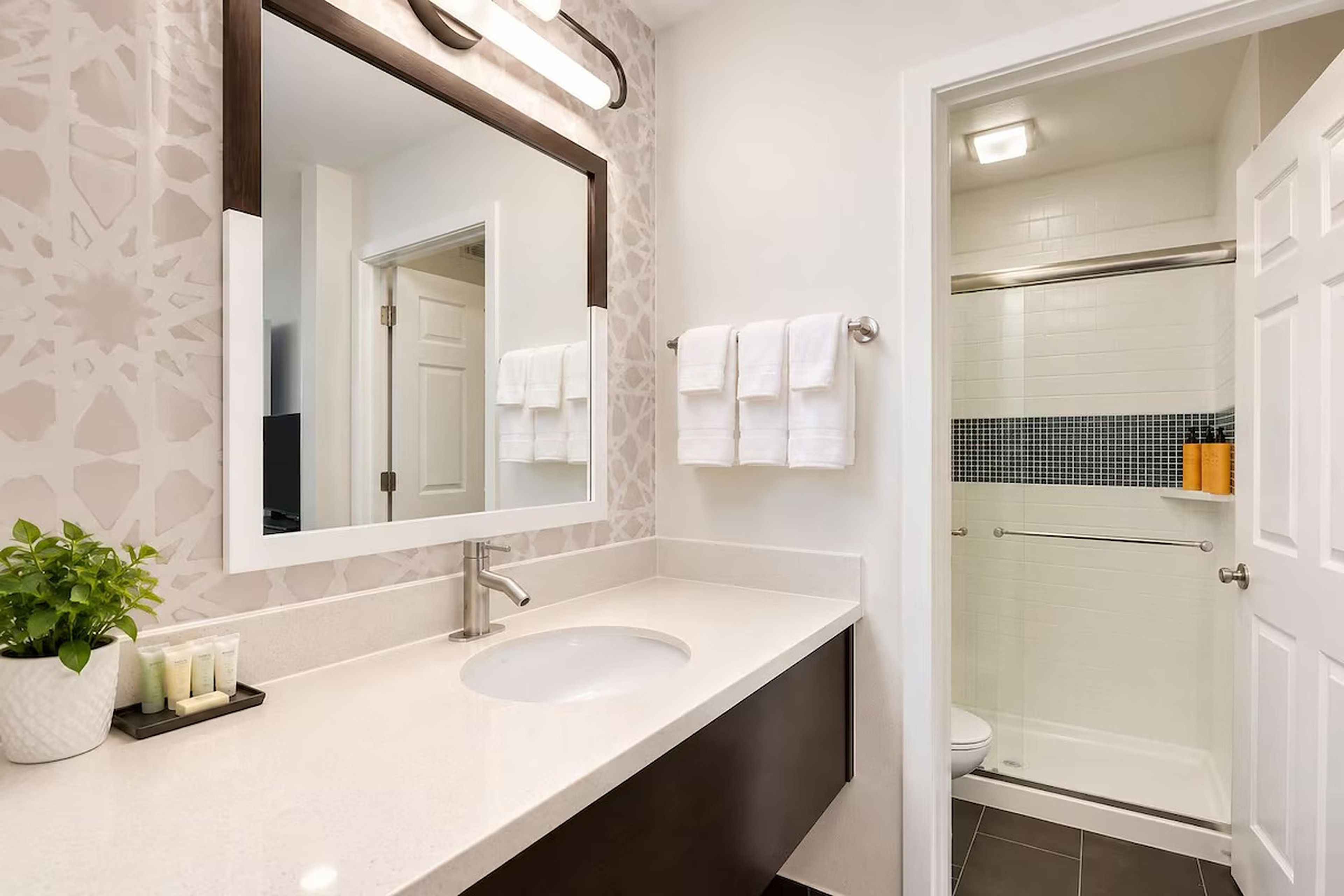 A modern bathroom with a large mirror, a sink, a potted plant, and a shower area.