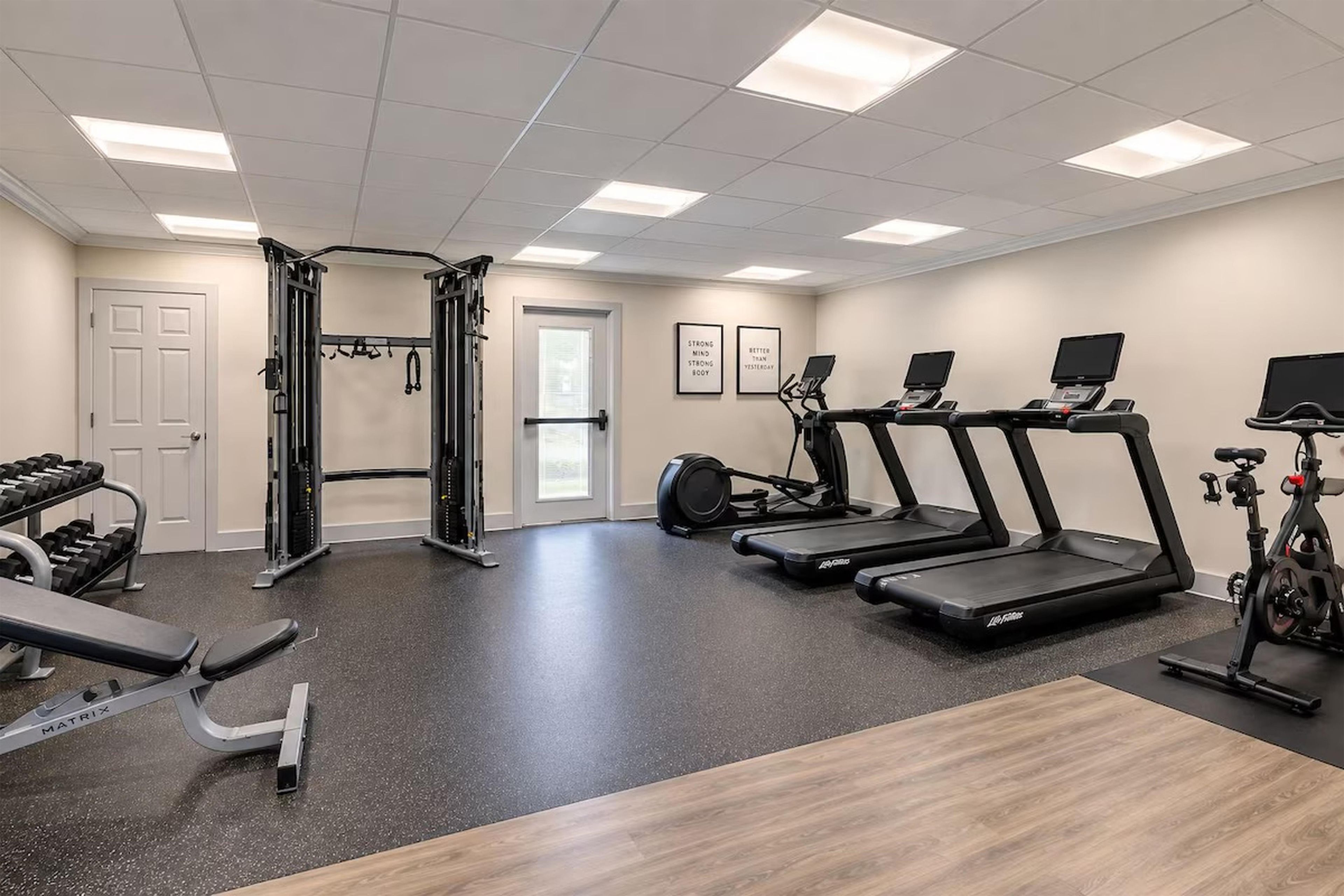 A gym with treadmills, a weight bench, and a squat rack.