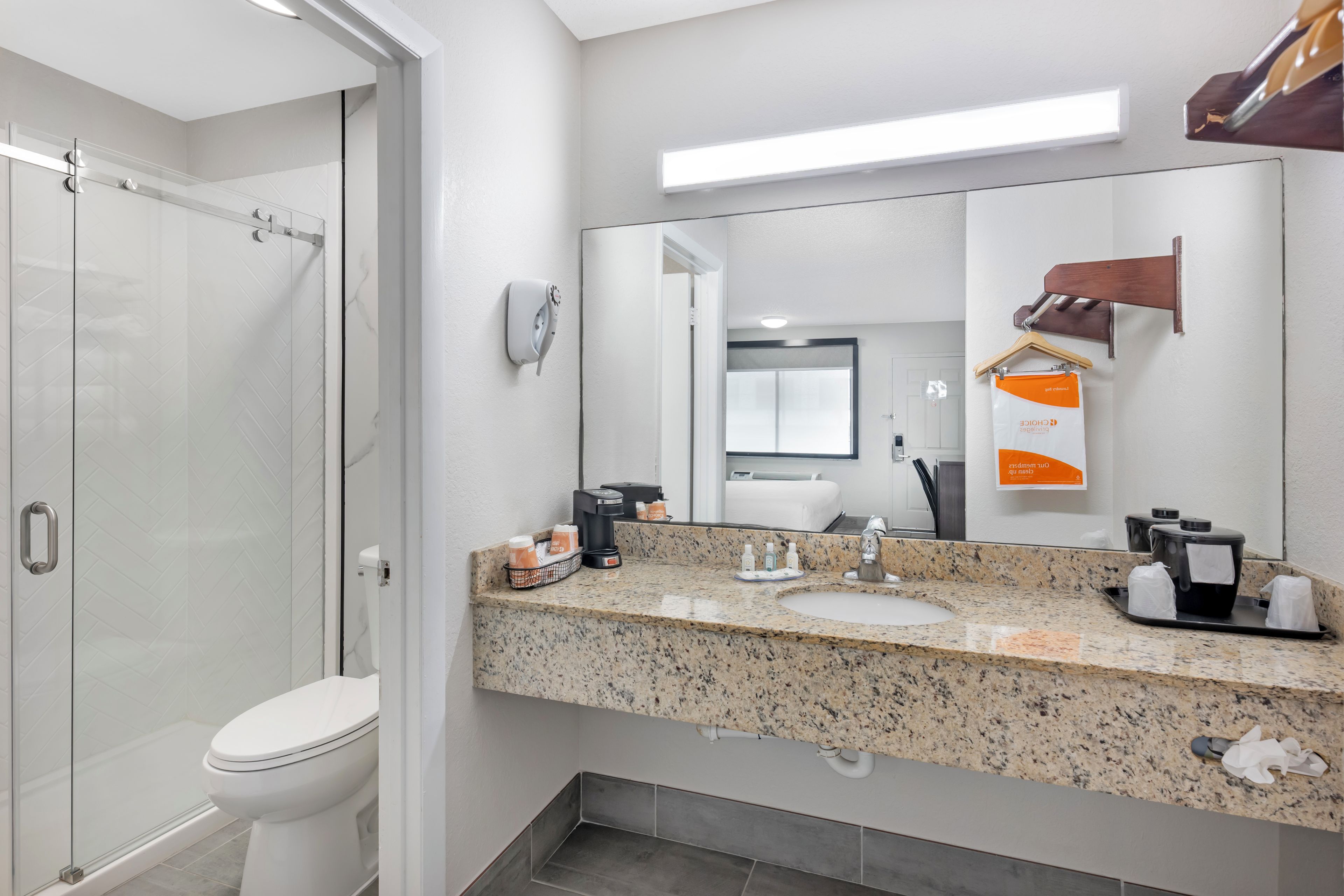 A modern bathroom with a glass shower enclosure, a white toilet, a granite countertop, a sink, and a mirror with a towel rack.