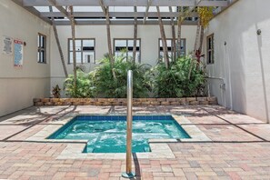 Outdoor pool, pool umbrellas, pool loungers