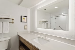 A bathroom with a white sink, a large mirror, a towel rack, and a framed picture on the wall.
