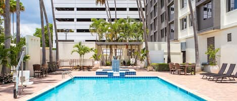 Outdoor pool, pool umbrellas, sun loungers