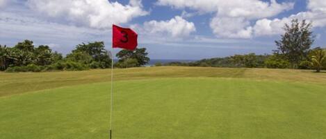 A golf course with a red flag marked '3' on a flagstick, surrounded by lush greenery and a clear sky.