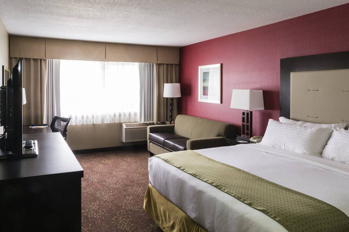 Una habitación de hotel con una cama grande, un escritorio con computadora, una silla y un sofá.