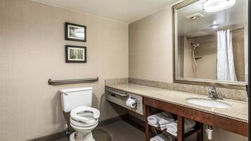 Un baño moderno con inodoro, lavamanos y ducha. Hay dos cuadros enmarcados en la pared, un perchero con toallas, y un espejo sobre el lavamanos.