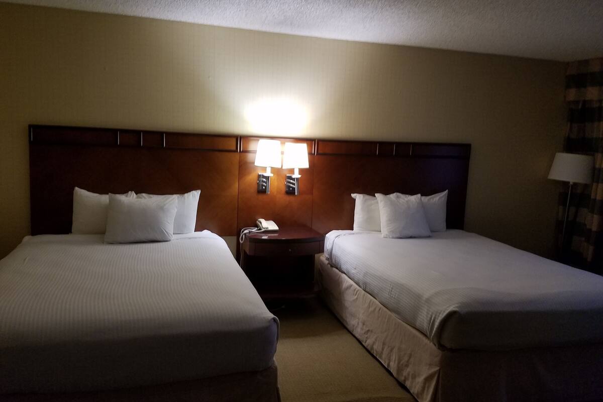 A hotel room with two single beds, a wooden headboard, a nightstand with a lamp, and a telephone.