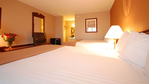 A hotel room with two beds, a television, a desk, a mirror, and a lamp.