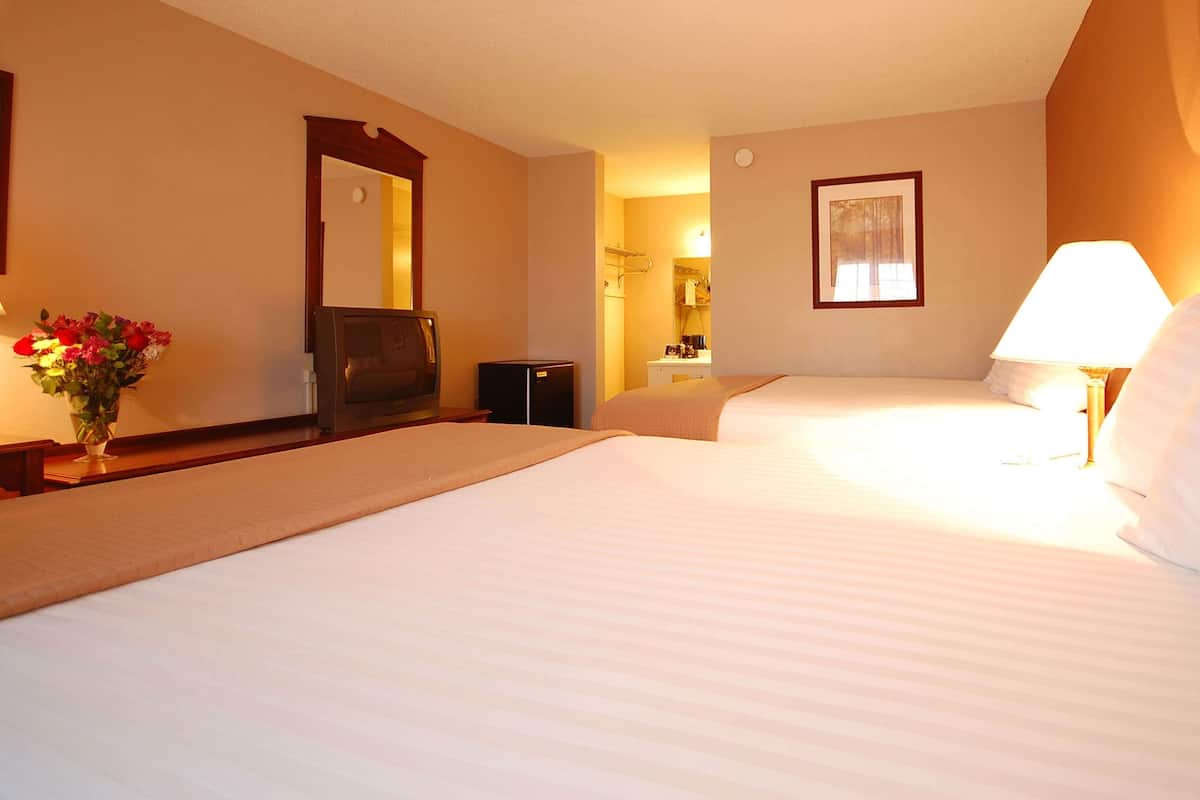 A hotel room with two beds, a television, a desk, a mirror, and a lamp.