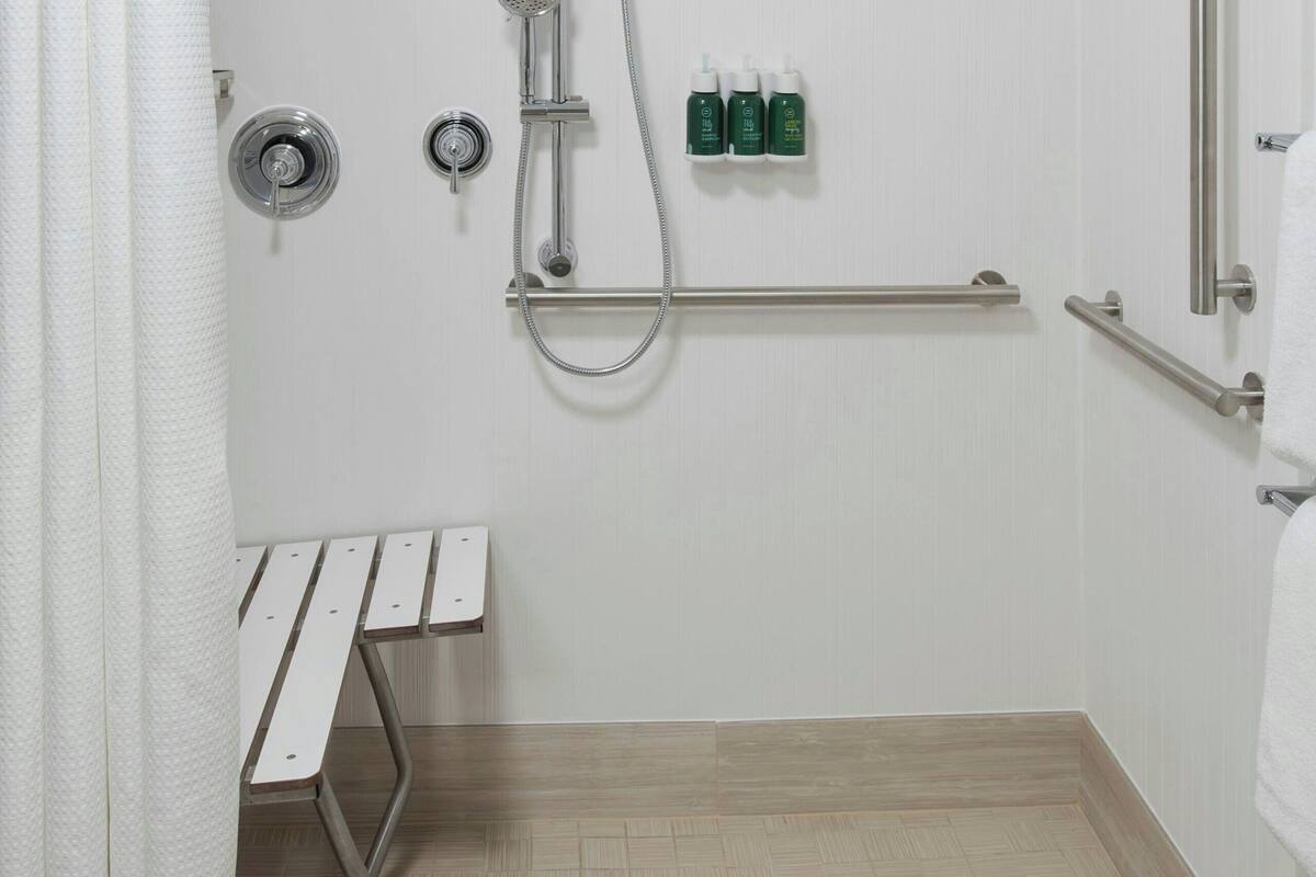 combined shower/bathtub, free toiletries, hair dryer, towels