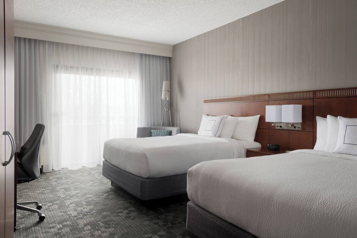 room, 2 queen beds | desk, laptop workspace, blackout curtains, iron/ironing board