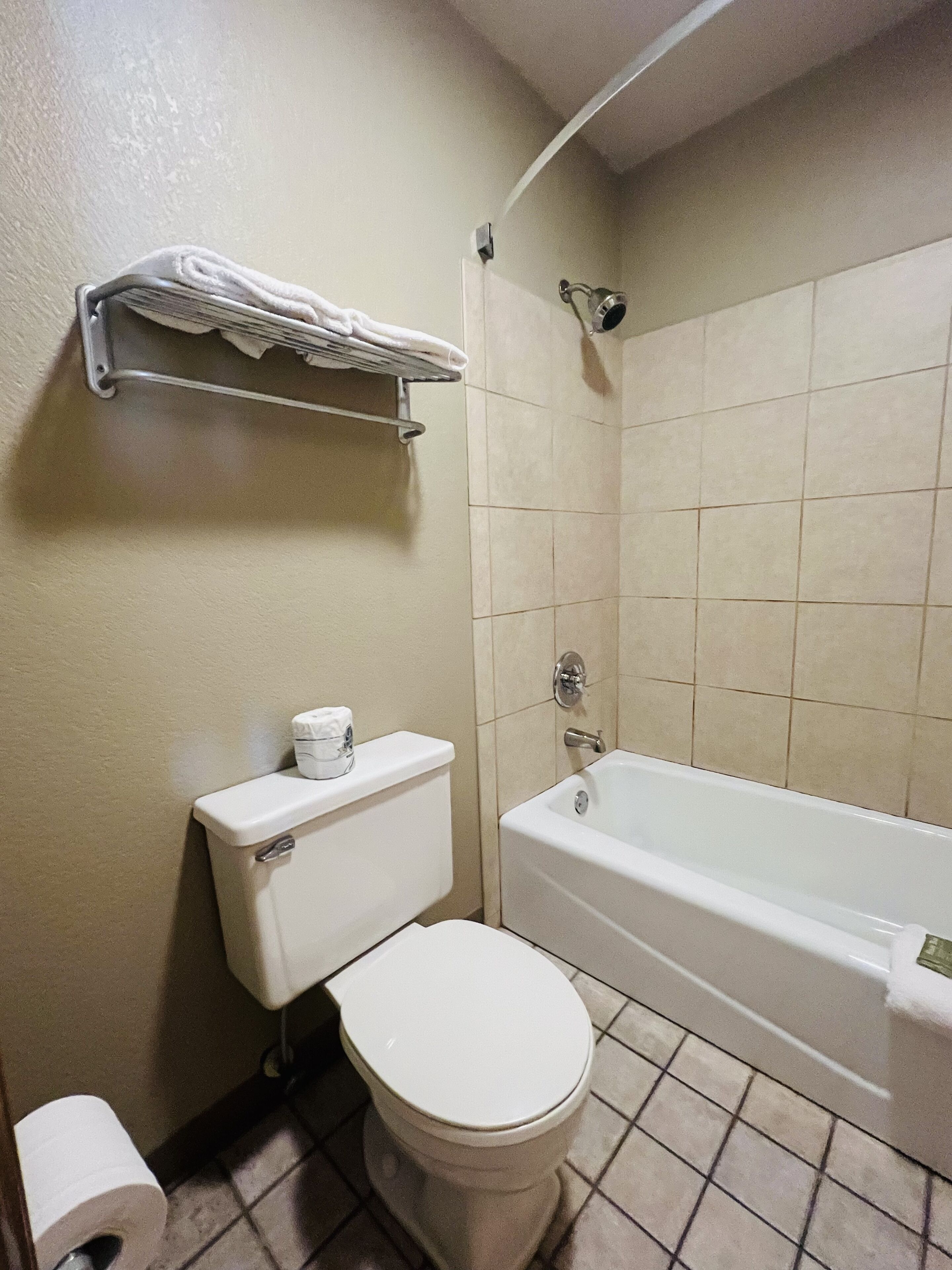A bathroom with a toilet, a bathtub, and a towel rack.
