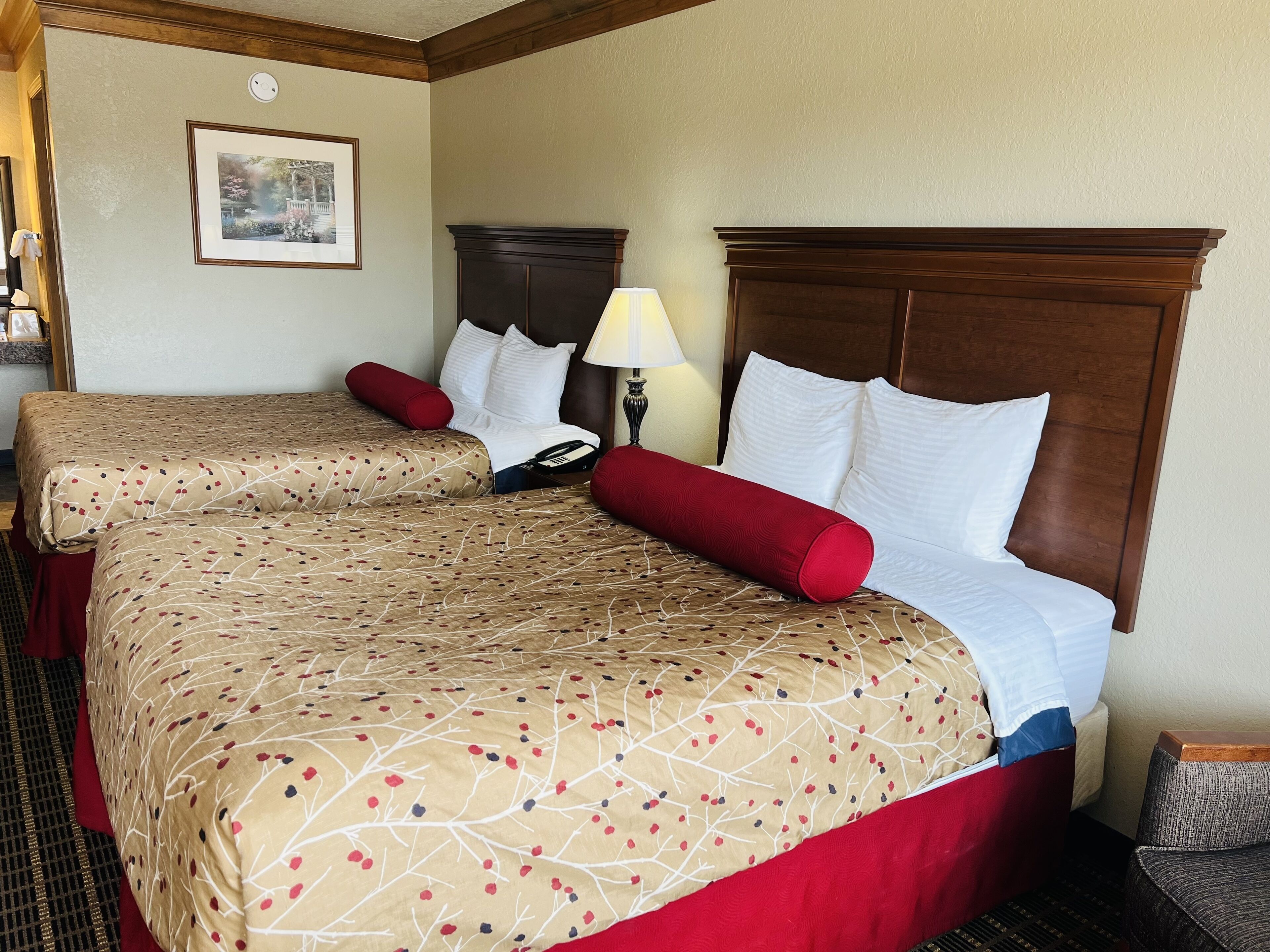 A hotel room with two beds, each with a patterned bedspread, red pillows, and a wooden headboard. There is a framed picture on the wall and a lamp on the nightstand.