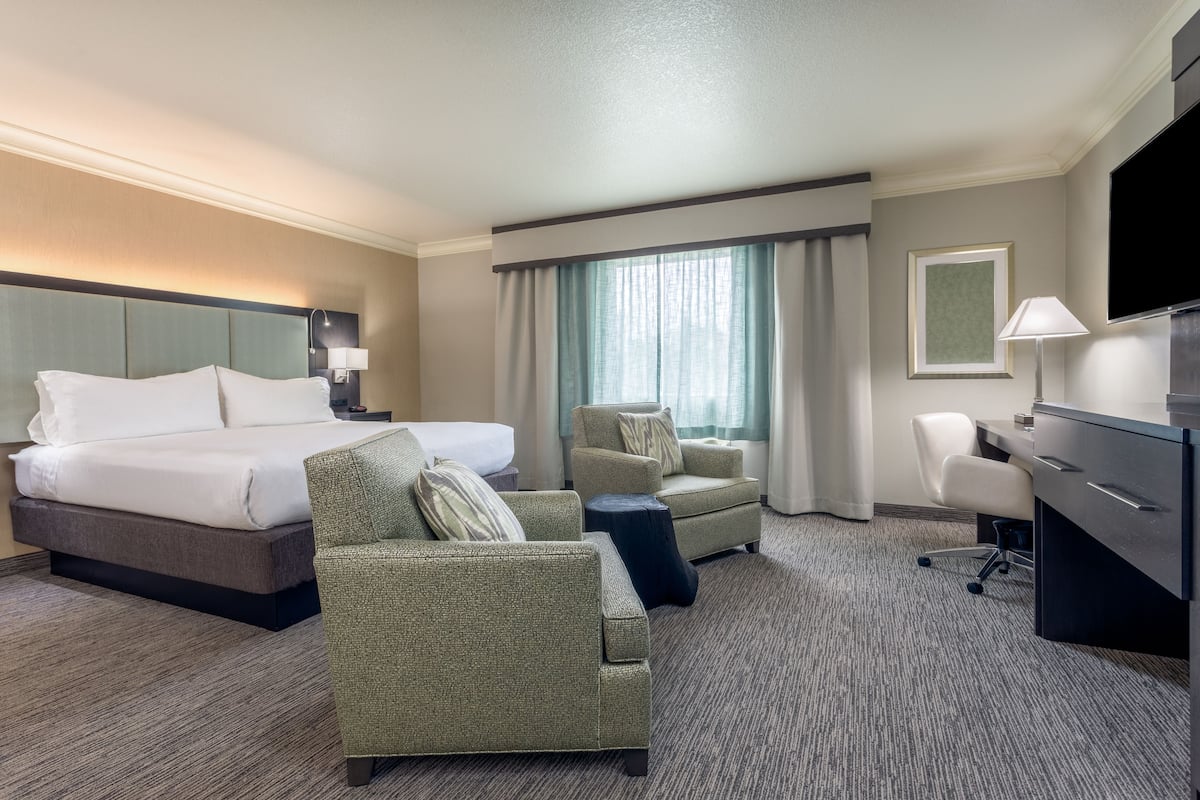 A hotel room with a large bed, two armchairs, a desk, and a TV.